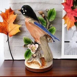 Vintage Majolica Glaze Bird Figurine Robin Figure Japan Porcelain Dogwood READ